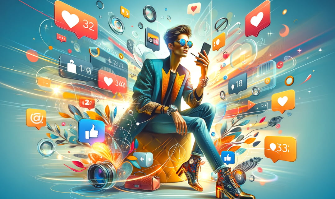 Influencer gebruikt smartphone te midden van social media iconen in een kleurrijke, moderne setting