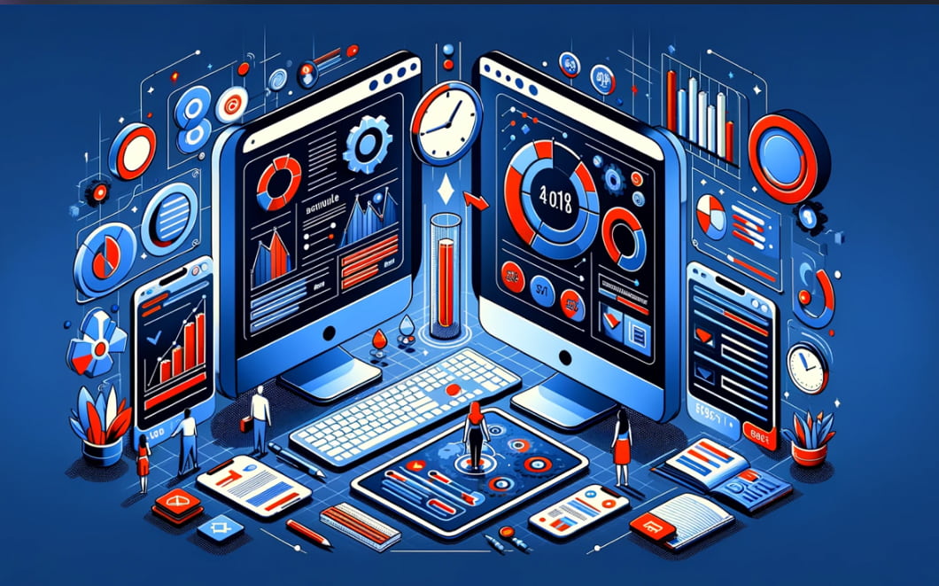 Digitale analyseomgeving die A/B-testen weergeeft met een gesplitst scherm waarin twee websiteversies worden vergeleken