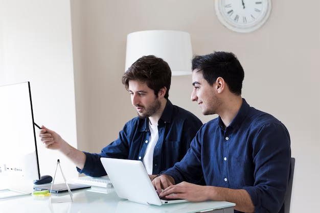 Twee mannen bespreken iets terwijl ze achter een computer zitten