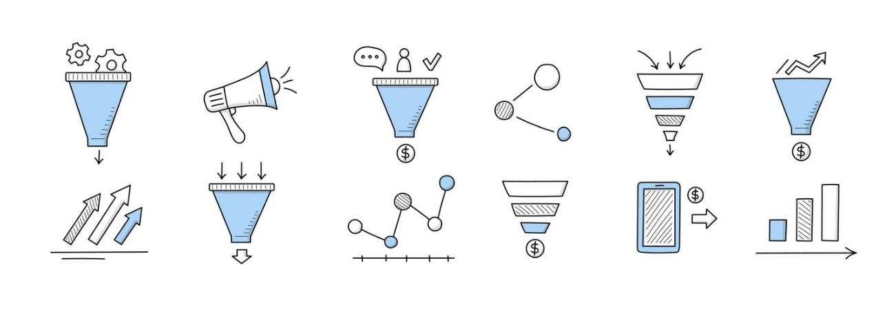 Sales funnel doodle icons, linear business signs loudspeaker, infographics graphs on white fond