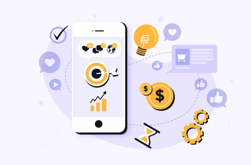 Een smartphone omringd door pictogrammen die digitale groei en financiën vertegenwoordigen