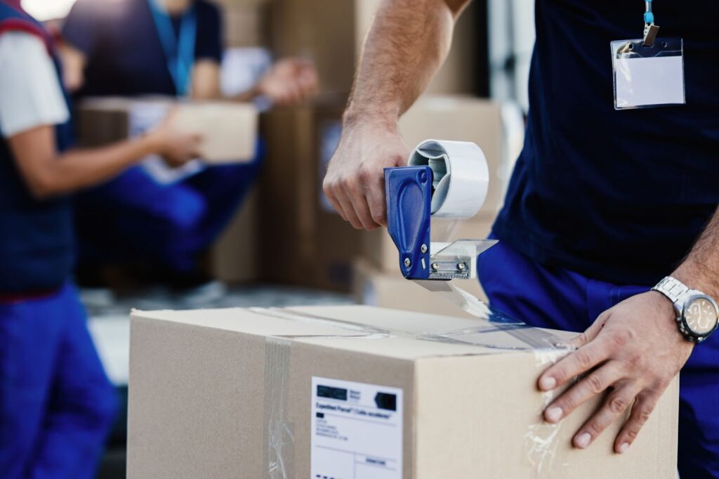 Close up of delivery man closing carboard box with a tape