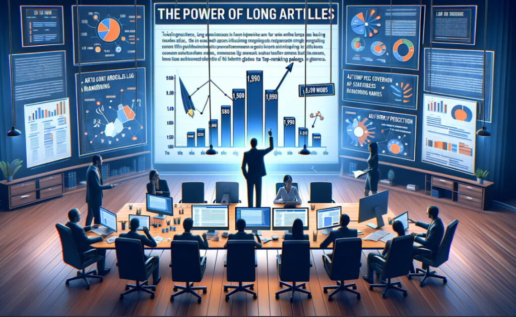 SEO-professionals analyseren gegevens de effectiviteit van lange artikelen in een marketingbureau